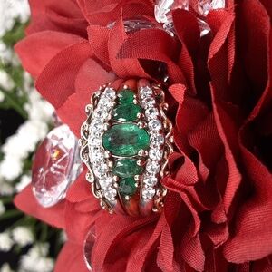 925 Genuine Emerald And White Zircons Two Tone Ring.